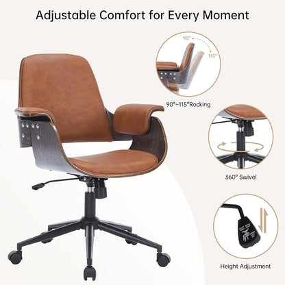 Mid Century Modern Home Office Chair,Ergonomic U-Shape Mid Back Executive Chair,Adjustable Height Swivel Computer Chair with Walnut Finish&PU Leather,Accent Chairs for Study Bedroom Workspace(Brown)