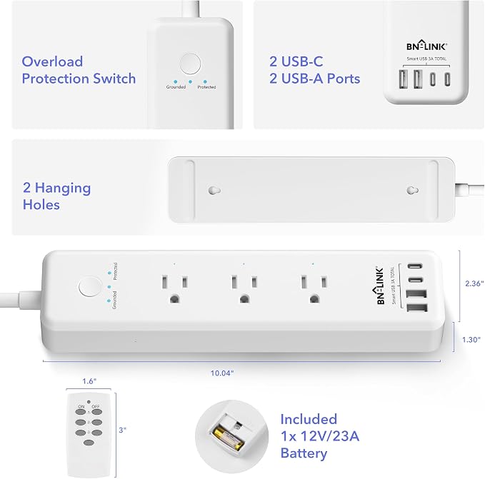 BN-LINK Remote Control Power Strip with 3 Independent Outlets，4 USBs (incl. 20W USB-C), 3.9Ft Extension Cord, 15A/1875W Overload Protection, Wall Mount, for Home, Office, ETL Listed, 1200J
