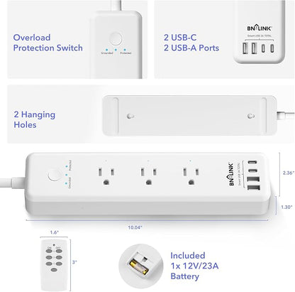BN-LINK Remote Control Power Strip with 3 Independent Outlets，4 USBs (incl. 20W USB-C), 3.9Ft Extension Cord, 15A/1875W Overload Protection, Wall Mount, for Home, Office, ETL Listed, 1200J