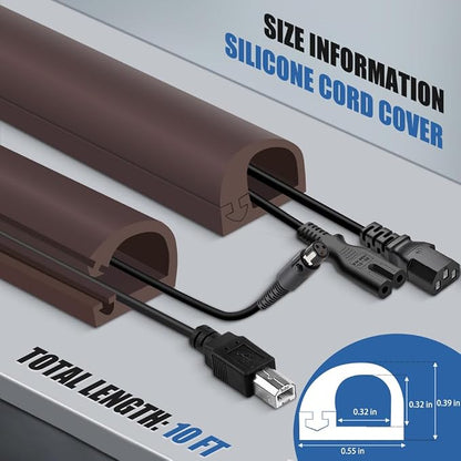 Silicone Cord Covers Wall Self-Adhesive Cord Covers for Wires on Wall Wire Hider Flexible Cable Hider with Side-Opening for Home Office TV Cable Management (0.31" W x 0.31" H x 118" L, Brown)