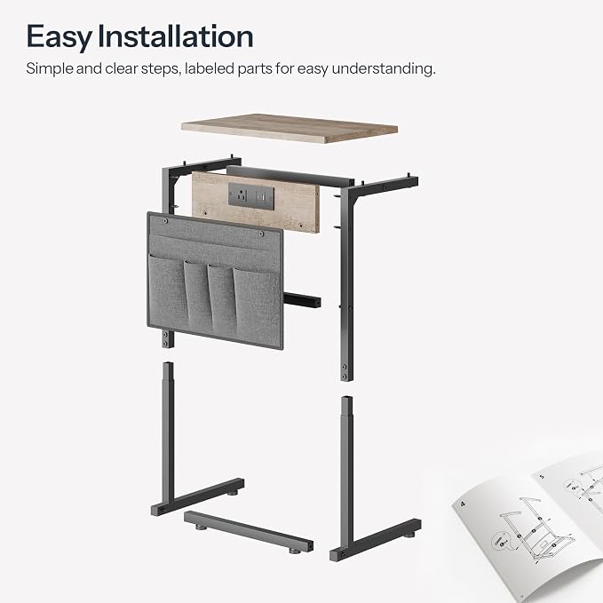HOOBRO C Shaped End Table with Charging Station, 28" H Couch Side Table Slide Under, Sofa Arm Tray Table with Storage Bag for Living Room, Recliner, Greige BG70USF01