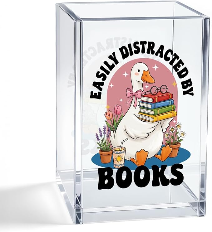 Easily Distracted By Books Acrylic Organizer Pencil Pen Holder, Cute Goose Book Stack Design Desk Storage Organizer, Bookworm Gifts for Book Goose Lover Bibliophile Librarian Books Club Member