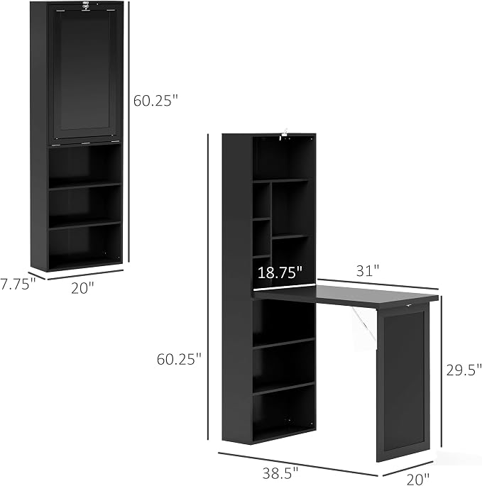 Foldable Wall Mounted Desk with Storage Shelves, Fold Out Convertible Computer Table with Blackboard, Folding Writing Table Workstation for Small Spaces,Home Office (Black)
