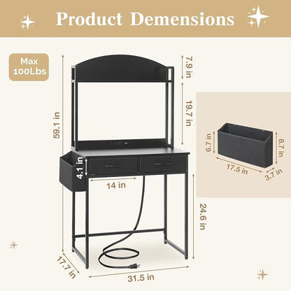 KATHY&BOB Small Home Office Study Desk - Freestanding Ladder Design with Fabric Drawers & Side Bag - Modern Vanity Makeup Desk - 2 Tier Shelf & Computer Gaming Station (Black, Arched)