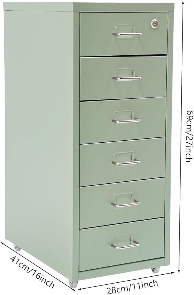 Vertical File Cabinet, 6 Drawers Rolling File Organizer Cabinets with Lock, Heavy Duty Metal Storage Cabinet, Movable Under Desk Filing Cabinet for Office, Study, Dresser (Green)