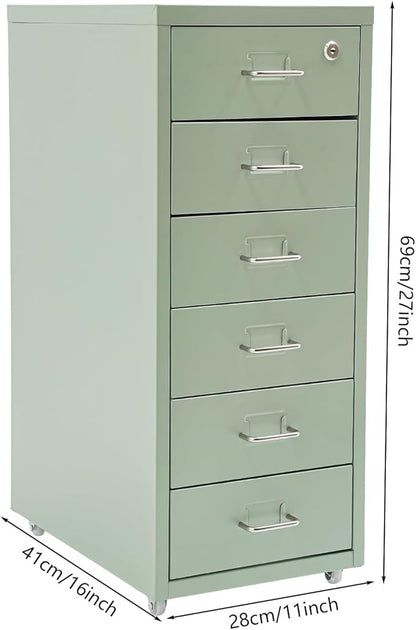 Vertical File Cabinet, 6 Drawers Rolling File Organizer Cabinets with Lock, Heavy Duty Metal Storage Cabinet, Movable Under Desk Filing Cabinet for Office, Study, Dresser (Green)
