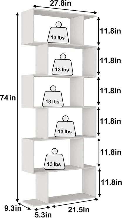 Yusong S Shaped Bookshelf, Modern Geometric Bookcase, 6-Tier White Display Case Book Shelf
