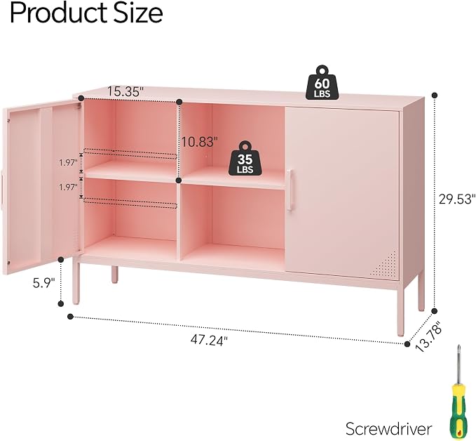 Steehoom Metal TV Stand with Doors and Shelves Modern Metal Storage Cabinet Coffee Bar 2 Door Locker for Office Living Room Kitchen (Pink, 47.24" D x 13.78" W x 29.53" H)