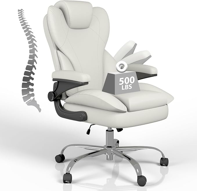 Office Chair, Home Desk Chair, Ergonomic Computer Chair with Lumbar Support, Executive Leather Chair with Flip-Up Armrests, Big and Tall Swivel Rolling Chair, White