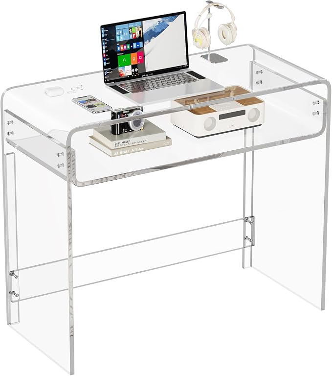 Acrylic Office Desk, Modern Laptop Writing Study Table with Open Storage, Transparent Console Entryway Table, 33.5" L x 15.8" W x 29.5" H, for Home, Bedroom (Clear)