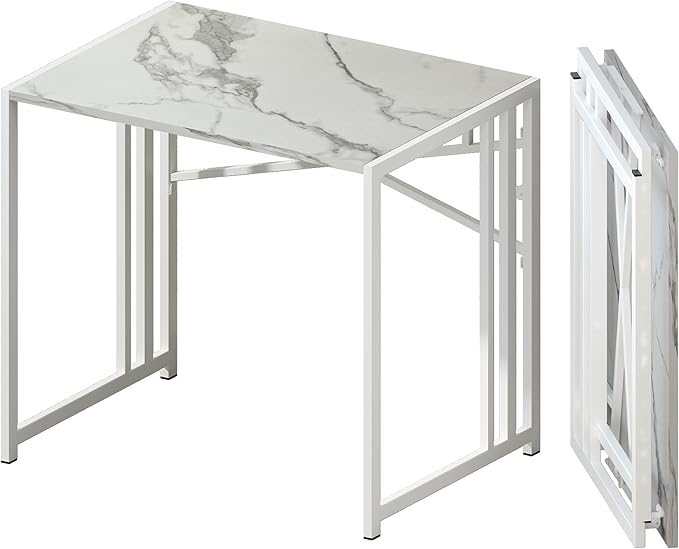 Lutown-Teen 32 inch Folding Small Desk, Writing Gaming Computer Camping Desk for Small Spaces, No Assembly Required Home Office Desk, White Marble