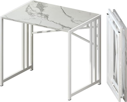 Lutown-Teen 32 inch Folding Small Desk, Writing Gaming Computer Camping Desk for Small Spaces, No Assembly Required Home Office Desk, White Marble