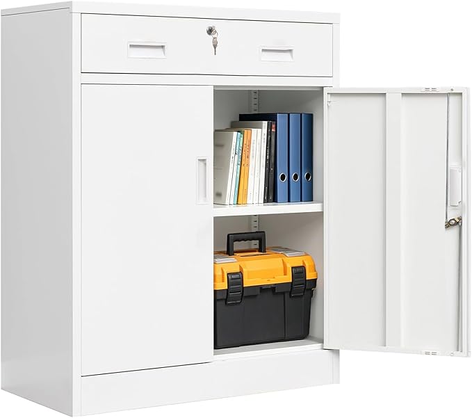 CJF Metal Storage Cabinet, Locking Storage Cabinet with 1 Drawer and Adjustable Shelf, 36" H x 28" W x 16" D White Metal Cabinets for Office, Home, Garage