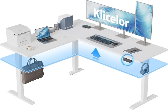 Klicelor L Shaped Standing Desk 63 x 55 Inch, Electric Height Adjustable Corner Desk for Home Office Workstation, Ergonomic Sit Stand Computer Table with Memory Controller, White