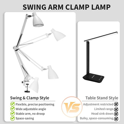 Swing Arm Desk Lamp with Clamp, Adjustable Arm LED Clamp on Desk Lamps with 5 Color Modes and 10 Brightness for Home Office Reading Drafting Study (White)