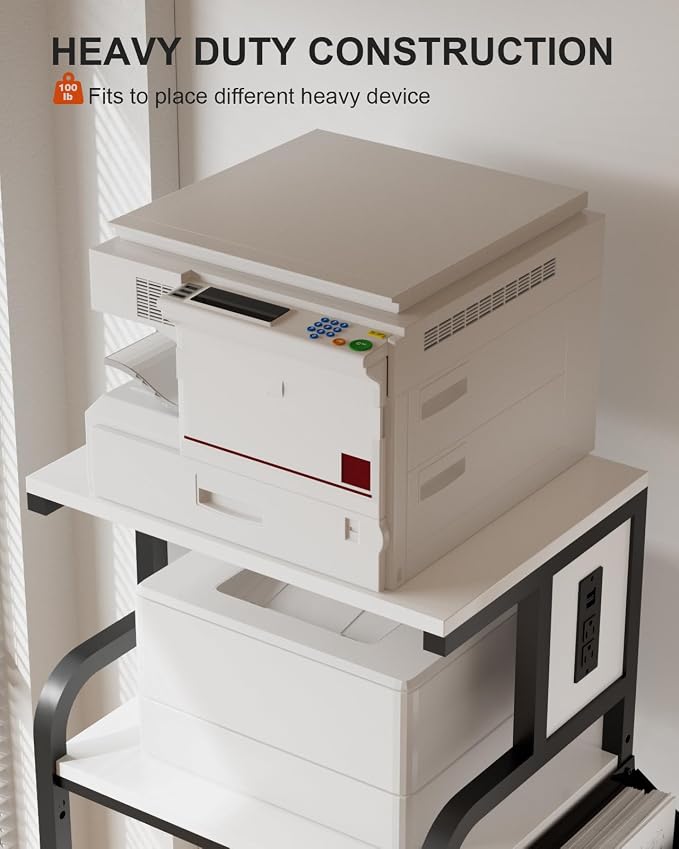 Tall Printer Stand with Charging Station, 4-Tier Mobile Cart, White | Adjustable Shelf for Home Office,Fits 3D Printer Shredder Scanner Fax