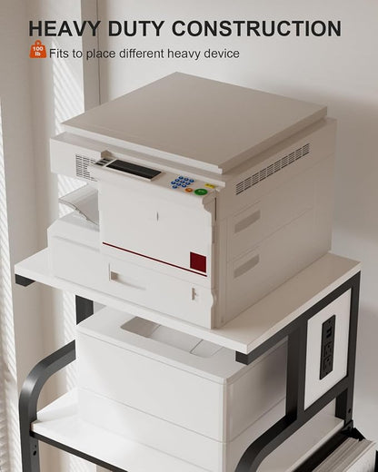 Tall Printer Stand with Charging Station, 4-Tier Mobile Cart, White | Adjustable Shelf for Home Office,Fits 3D Printer Shredder Scanner Fax