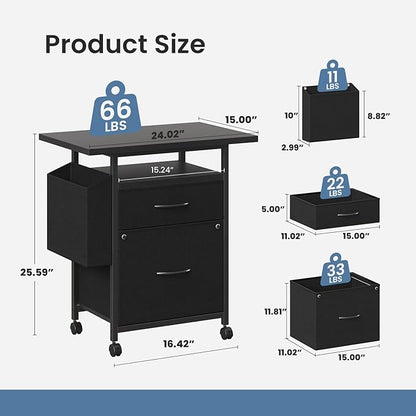 DUMOS 2 Drawer Mobile File Cabinet, Fabric Filing Cabinet with 24'' Desktop,Small Office Drawers Under Desk Fits A4 Size, Rolling Printer Stand with Storage Side Bag for Home Office, Black