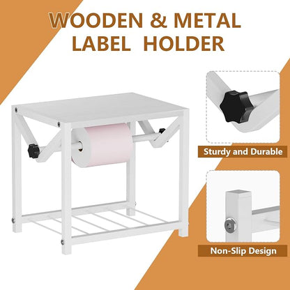 Label Holder for Rolls and Fanfold Labels, Wooden & Metal Thermal Sticker Label Printer Holder for Desktop, Sticker Roll Holder for Home Office Small Business Essentials, White