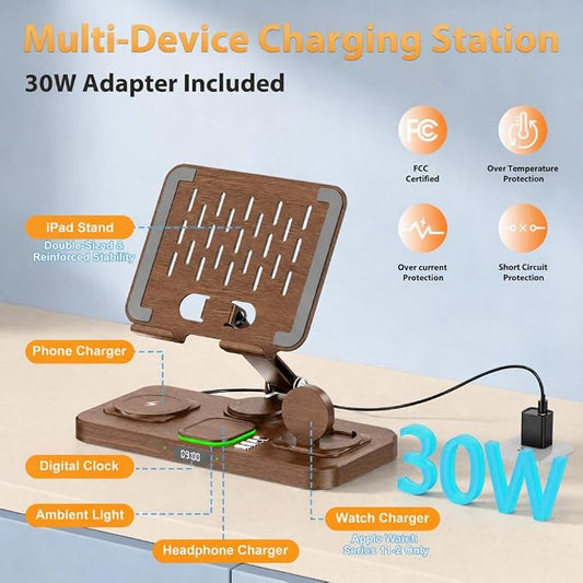 30W Charging Station for Apple Products,Foldable Wireless Charger with Clock Display&7 Color Light,Wired Charging for iPad/Tablet Charging Station for iPhone17, for Apple Watch11for AirPods4(Woodgrain