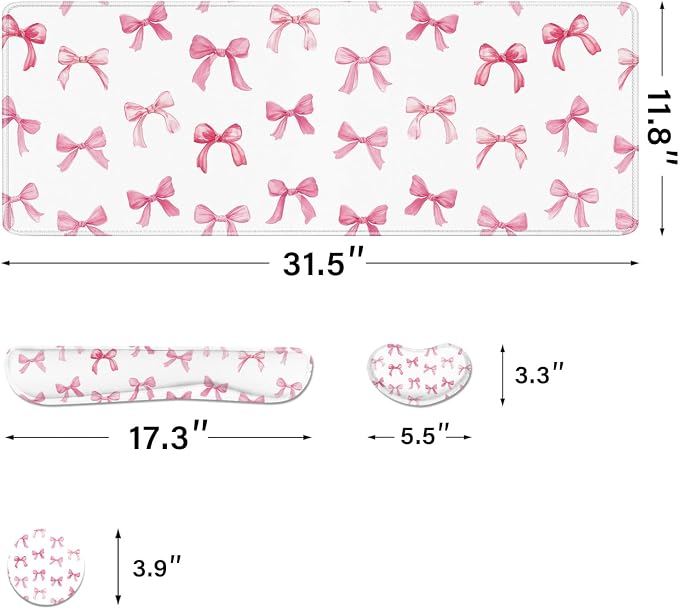 Desk Pad and Keyboard Wrist Rest, Large Mouse Pad + Keyboard Pad+Mouse Wrist Support, Non-Slip Desk Mat Protector for Office, Home 31.5×11.8 Inches Pink Bow