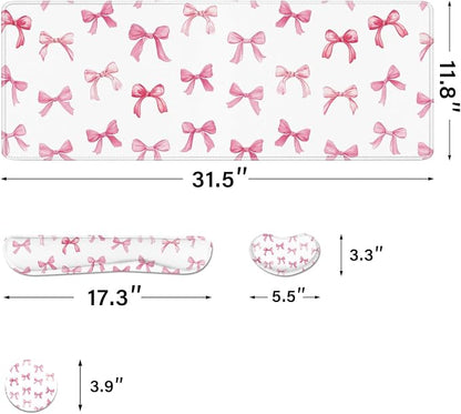 Desk Pad and Keyboard Wrist Rest, Large Mouse Pad + Keyboard Pad+Mouse Wrist Support, Non-Slip Desk Mat Protector for Office, Home 31.5×11.8 Inches Pink Bow