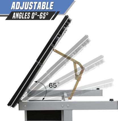 Drafting Table with Angle Adjustable Glass Top, Drawing Table with Storage Drawers,Casters, Art Desk Ideal for Drawing, Painting, Writing, Home Office, Clear Glass