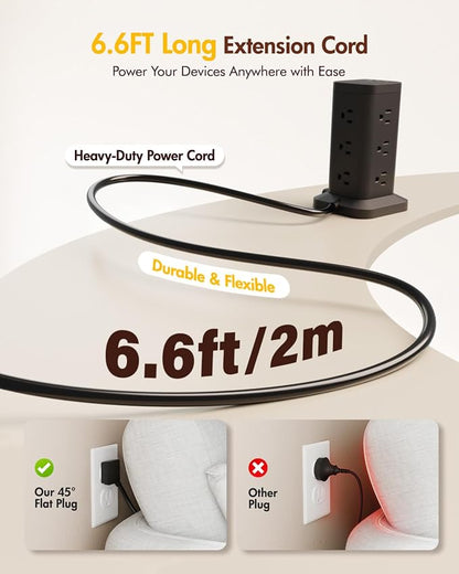 2Pack Power Strip Tower with Surge Protector 1800J, Fast Charging Tower PD20W USB-C Ports with 12 AC Outlets, 6ft Extension Cord for Home Office Dorm Room, Black