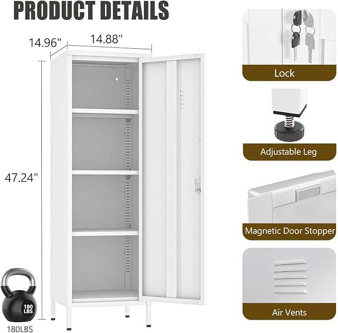 Metal Locker Cabinet, 47"H Home Office Storage Lockers, Vertical Steel Storage Cabinet with Locking Door and 3 Adjustable Shelves, Garage Tool File Cabinets for Home Office,Garage,Bathroom, White