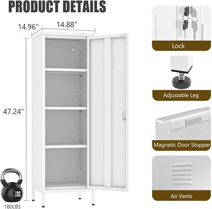 Metal Locker Cabinet, 47"H Home Office Storage Lockers, Vertical Steel Storage Cabinet with Locking Door and 3 Adjustable Shelves, Garage Tool File Cabinets for Home Office,Garage,Bathroom, White
