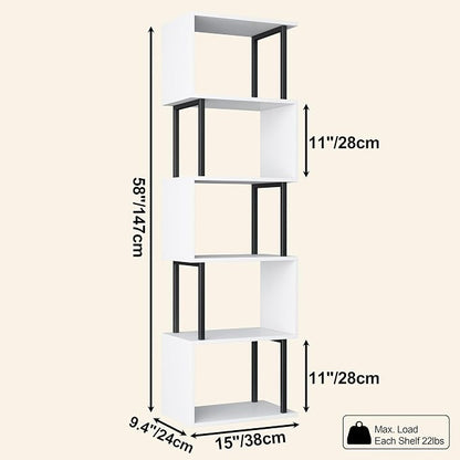Yusong Bookshelf 5-Tier, Geometric Bookcase S Shaped Book Shelves for Bedroom, Modern Wood Decorative Display Shelf Book Case for Home Office, White and Black