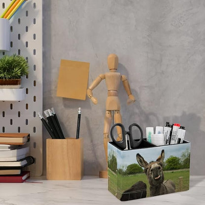 Niapessel Pencil Holder for Desk, Brown Furry Donkey Pen Holder Storage Desktop Pen Organizer Desk Pencil Organizer Makeup Brush Holder for Office School College Leather