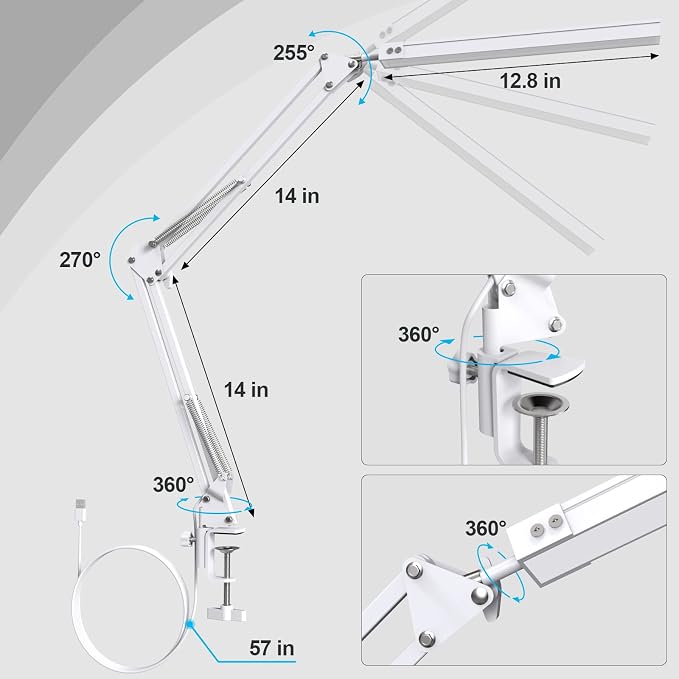 Upgrade Swing Arm LED Desk Lamp with Clamp, 80 LED Beads, 5 Color Modes & 11 Brightness Levels, 360° Adjustable Arm, Eye-Caring Light CRI95, Timer & Memory Function, for Office, Study, Crafting