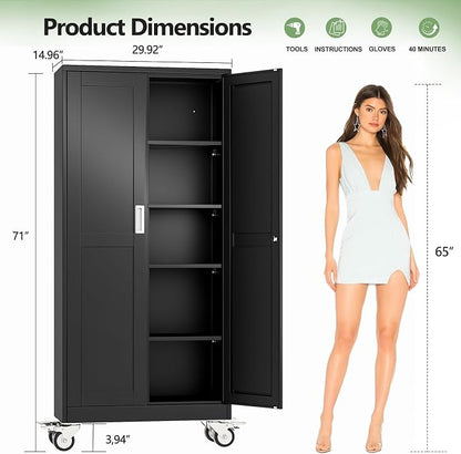 Metal Garage Storage Cabinets and storage system, 71”Tall Rolling utility cabinet with Wheels, Lock, 4 Adjustable Shelves, Heavy Duty Steel Tool Locker for Home Office, Utility Room, Gym,Black