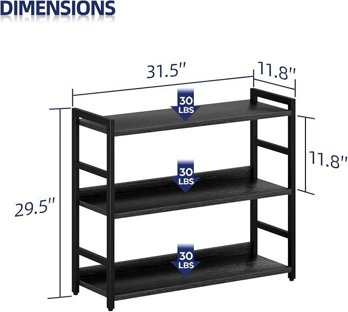 NUMENN Wide Bookshelf, 3 Tier Bookshelves, Home Office Bookcase Shelf Storage Organizer, Free Standing Storage Shelving Unit for Bedroom, Living Room and Home Office, Black