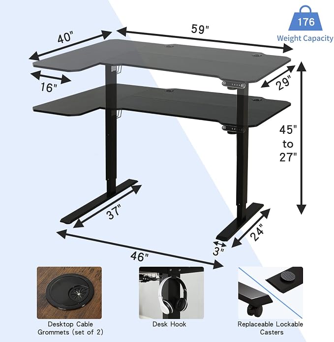 L-Shaped 59" Height Adjustable Electric Standing Desk, Sit and Stand Up Computer Desk For Home Office with Splice Board (Black Top, Black Frame)