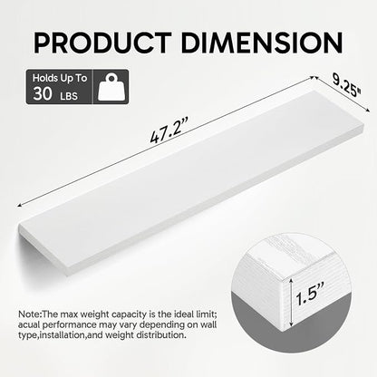 BAYKA Floating Shelves, 47.2 inches Long Heavy Duty Wall Mounted Rustic Wood Shelves for Bathroom, Bedroom, Living Room, Kitchen, Office, Hanging Shelf for Books/Storage/Decor(White,Set of 2)