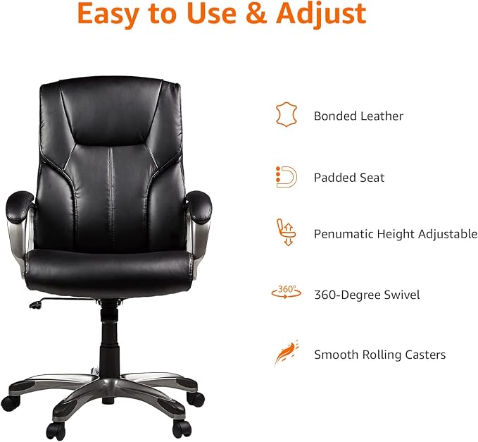 Amazon Basics Executive High Back Office Chair, Adjustable Height, Tilt, Swivel, Padded Seat, Bonded Leather, Wheels, Black/Silver