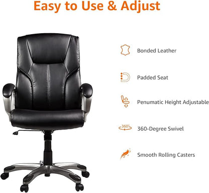 Amazon Basics Executive High Back Office Chair, Adjustable Height, Tilt, Swivel, Padded Seat, Bonded Leather, Wheels, Black/Silver