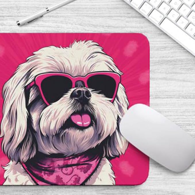 Pink Mousepad Glamour Dog Shih Tzu Mouse Pad for Home Office Gaming Working Desk Computer Desktop Accessories Non-Slip Rubber Mousepad for Dog Lovers