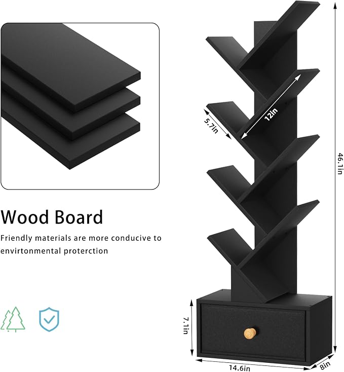 SHEEPAM 8 Tier Tree Bookshelf with Drawer, Free Standing Wood Bookcase for Living Room, Bedroom, Home Office, Space Saving Storage Organizer Bookshelves for Books, CDs, Vinyl Records- Black
