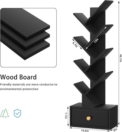 SHEEPAM 8 Tier Tree Bookshelf with Drawer, Free Standing Wood Bookcase for Living Room, Bedroom, Home Office, Space Saving Storage Organizer Bookshelves for Books, CDs, Vinyl Records- Black
