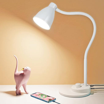 BOHON LED Desk Lamp with USB Charging Port, 3 Color Modes Dimmable, White | Reading Lamp, Auto Dimming Task Lamp, Flexible Neck Table Light for Dorm Bedside, Adapter Include