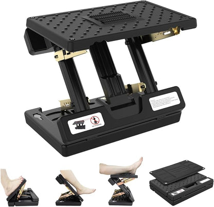 Foot Rest for Under Desk at Work, 4-Height Adjustable, Foldable, with Massage Roller and Soft Pad, Adjustable Metal Frame, Ergonomic, for Car, Office, Computer, Gaming, All-Season Use (Black)