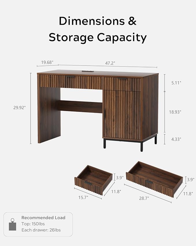 EYYTHUNG 47" Fluted Executive Desk, Modern Wood Home Office Desk with Charging Station, Drawer & Cabinet, Computer Writing Desk for Work Study, Brown