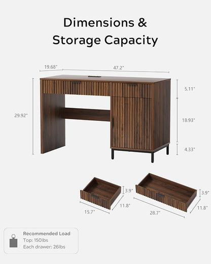 EYYTHUNG 47" Fluted Executive Desk, Modern Wood Home Office Desk with Charging Station, Drawer & Cabinet, Computer Writing Desk for Work Study, Brown