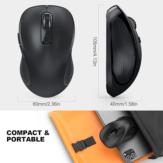 WisFox 2.4G Wireless Mouse for Laptop, Ergonomic Computer Mouse with USB Receiver and Type-C Adapter, 3 Adjustable Levels, 6 Button Cordless Wireless Mice for Windows Mac PC Notebook (Black)