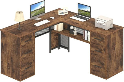 HSH L Shaped Computer Desk with File Drawers, Large Metal Wood L Shape Table with Storage Cabinet Shelves, Reversible Corner Home Office Executive Writing Study Workstation Desk, Rustic Brown, 59 Inch