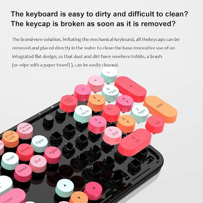 GTSP Colorful Wireless Keyboard and Mouse Combo, Cute Keyboard Retro Typewriter with Round Keycaps for Computer Laptop Desktops PC Mac 2.4GHz Dropout-Free Connection (Multicolor Black)