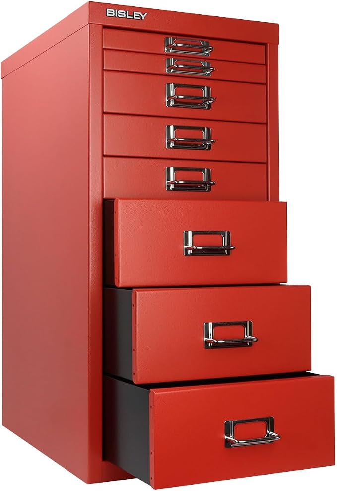 Bisley 8-Drawer Steel MultiDrawer Cabinet - Cardinal Red | Chrome Pull Handles with Label Holders, Powder-Coated Steel, Removable Drawers, Fits Under Most Desks, Labels Included